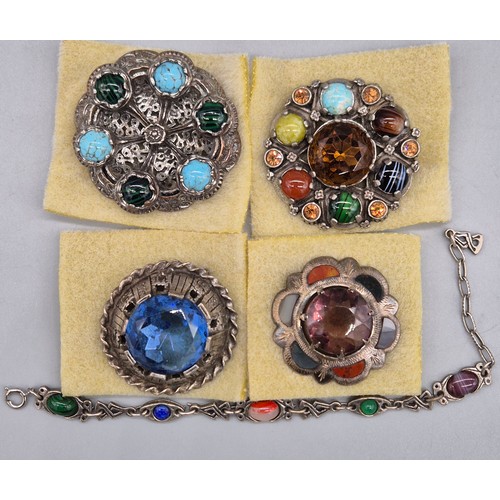 21 - A Collection of Scottish jewellery; Antique Sterling silver, agate and purple stone brooch, Three Mi... 