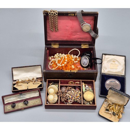 60 - Antique jewellery box containing mixed antique and vintage jewellery; Zodiac gent's wristwatch, Gold... 