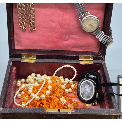 60 - Antique jewellery box containing mixed antique and vintage jewellery; Zodiac gent's wristwatch, Gold... 