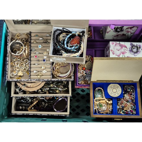 61 - A Crate of costume jewellery; jewellery boxed filled with various jewellery items