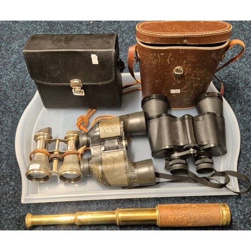 634 - A Tray of Binoculars & three pull telescope; Miranda 10x50, French opera glasses, brass three pull t... 