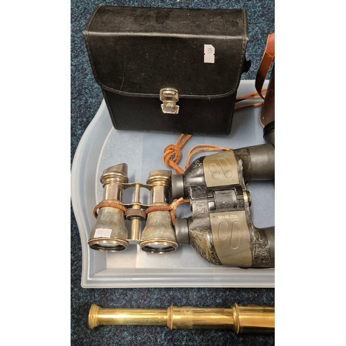 634 - A Tray of Binoculars & three pull telescope; Miranda 10x50, French opera glasses, brass three pull t... 