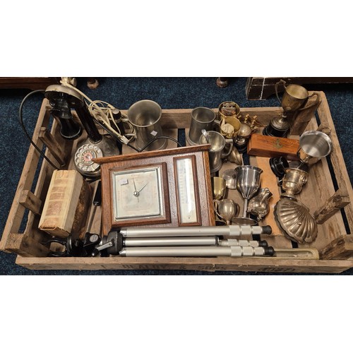 633 - A  Crate of collectables; vintage Stick, oak barometer, tankards & other items