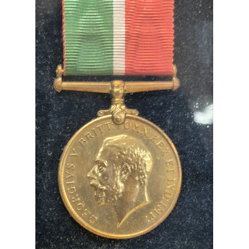 50 - Three Framed WWI Medals and Torpedo Badge belonging to James J. Michie. War Medal, Long Service meda... 