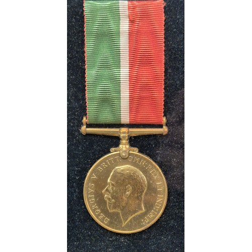 50 - Three Framed WWI Medals and Torpedo Badge belonging to James J. Michie. War Medal, Long Service meda... 