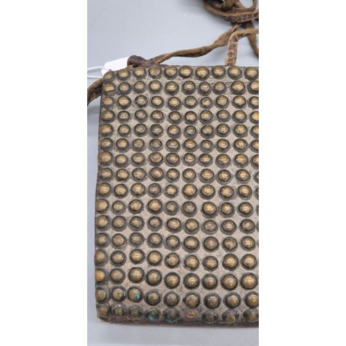 102 - Antique leather Ottoman Brass studded Ammo pouch together with A Vintage Hide & silver plated tankar... 