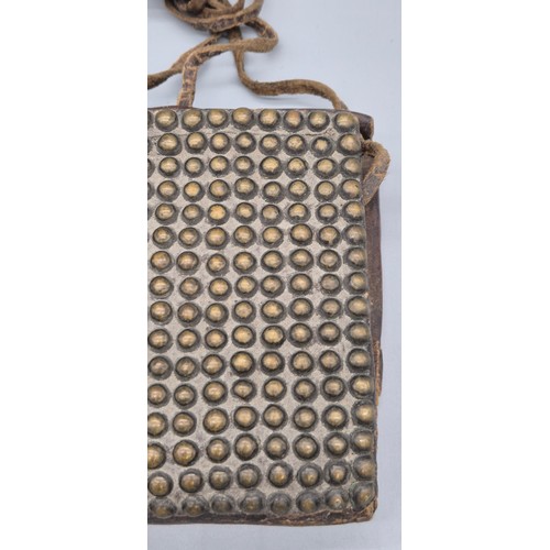 102 - Antique leather Ottoman Brass studded Ammo pouch together with A Vintage Hide & silver plated tankar... 