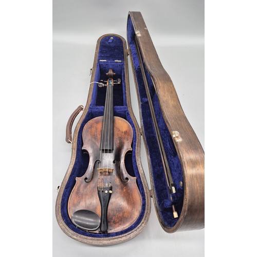 150 - Late 18th /19th Century Full size Violin with two bows in fitted hard wood case with blue Velvet int... 