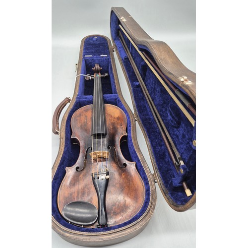 150 - Late 18th /19th Century Full size Violin with two bows in fitted hard wood case with blue Velvet int... 