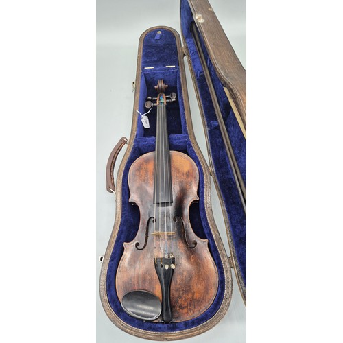 150 - Late 18th /19th Century Full size Violin with two bows in fitted hard wood case with blue Velvet int... 