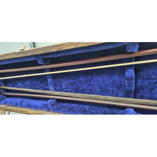 150 - Late 18th /19th Century Full size Violin with two bows in fitted hard wood case with blue Velvet int... 