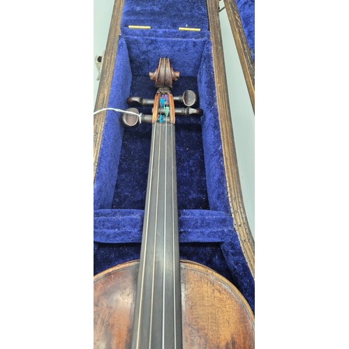 150 - Late 18th /19th Century Full size Violin with two bows in fitted hard wood case with blue Velvet int... 