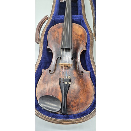 150 - Late 18th /19th Century Full size Violin with two bows in fitted hard wood case with blue Velvet int... 