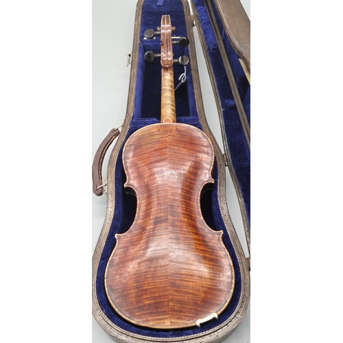 150 - Late 18th /19th Century Full size Violin with two bows in fitted hard wood case with blue Velvet int... 