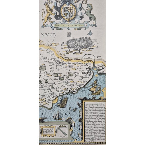 221 - Framed coloured map of Sussex described by John Norden. Fitted within a gilt and ebonised wood frame... 