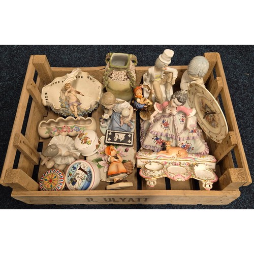 354 - A Crate of collectables; German porcelain figural sweet meat vase, Lladro figure, Wedgewood Trinket,... 