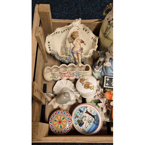 354 - A Crate of collectables; German porcelain figural sweet meat vase, Lladro figure, Wedgewood Trinket,... 