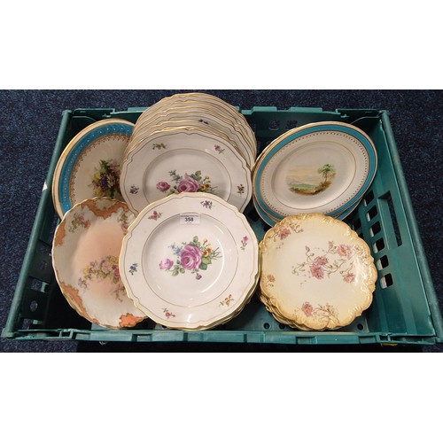 358 - A crate of Victorian dinner & cabinet plates; Limoge plates, Victorian flower pattern dinner plates ... 