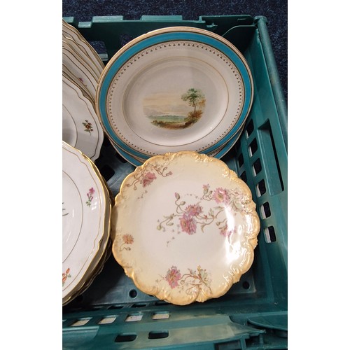 358 - A crate of Victorian dinner & cabinet plates; Limoge plates, Victorian flower pattern dinner plates ... 