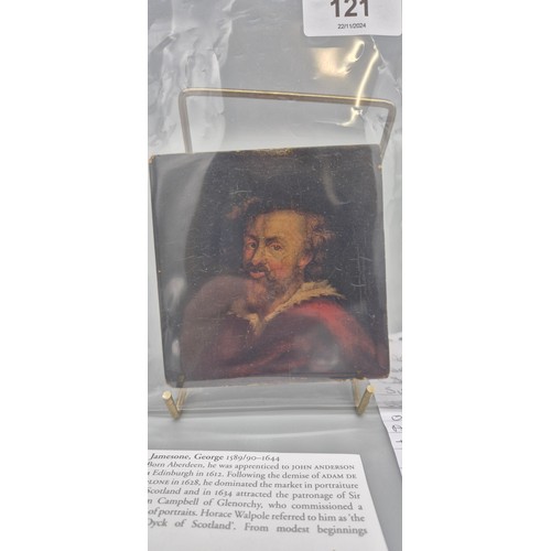 121 - George Jamesone, [1590-1644]
miniature oil painting on wood, portrait of a bearded gentleman, wearin... 