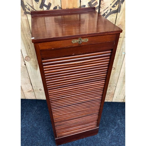 176 - Antique tambour wood music cabinet. Fitted interior drawers and pigeon holes. [121x48.5x43cm]