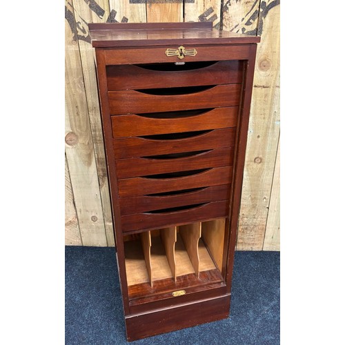 176 - Antique tambour wood music cabinet. Fitted interior drawers and pigeon holes. [121x48.5x43cm]