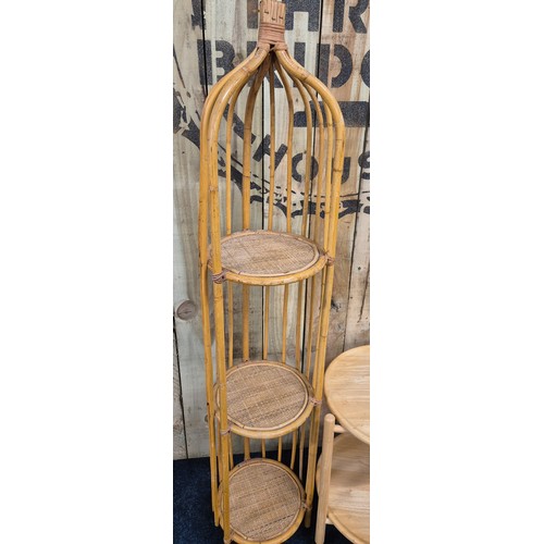 457 - Contemporary light oak two tier serving trolley and mid century bamboo plant stand.