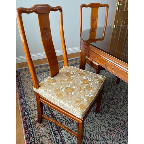 280 - Chinese rosewood dining table and four matching dining chairs. Glass protective top. Folds into a ci... 