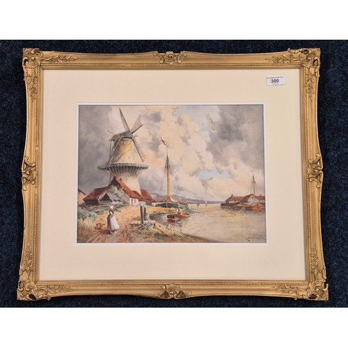 300 - LOUIS VAN STAATEN (1836-1909)
Original watercolour depicting Dutch Windmill and River scene. Fitted ... 