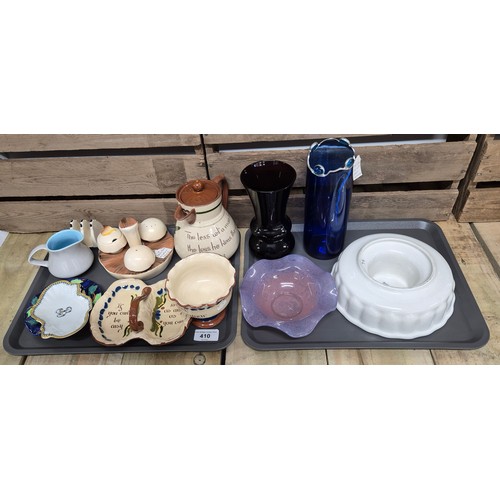 410 - Two trays of collectables; Torquay ware Thistle design coffee pot, sugar bowl and bon bon dish. Carl... 