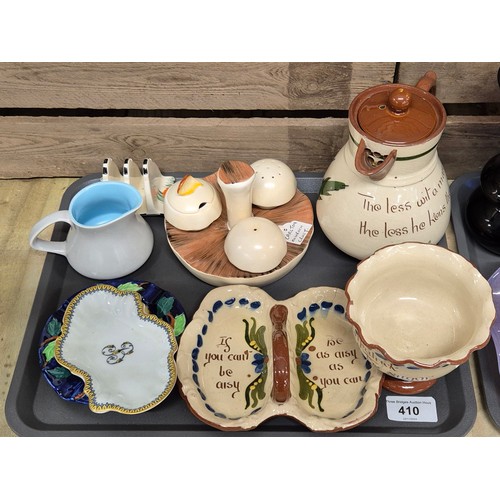 410 - Two trays of collectables; Torquay ware Thistle design coffee pot, sugar bowl and bon bon dish. Carl... 