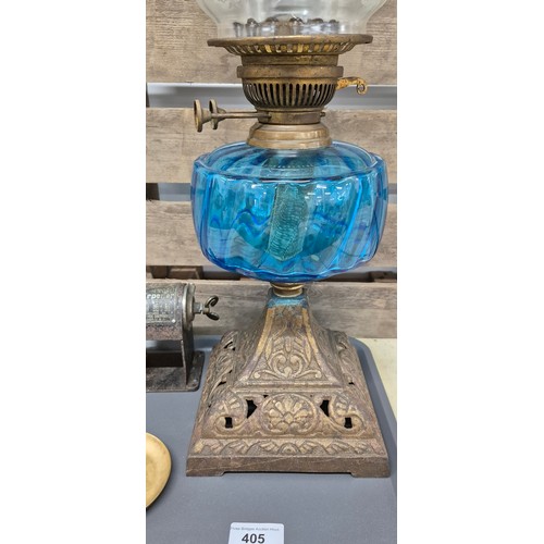 405 - Tray of collectables; Victorian paraffin desk lamp- fitted with an acid etched Art Nouveau style sha... 