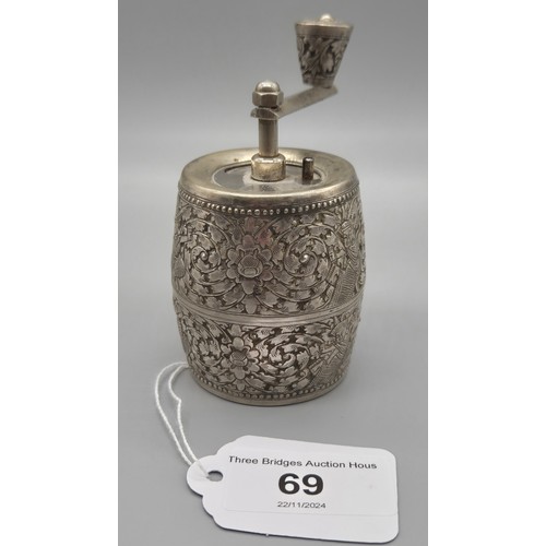 69 - White metal Pepper Mill Grinder. Designed with raised relief Indian buddha figures.