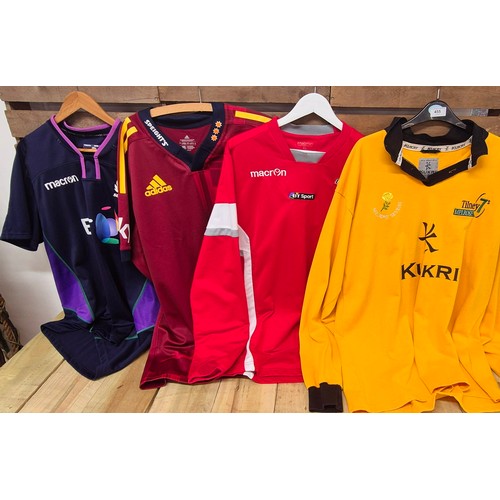 455 - A Collection of Four various Rugby tops: XL Macron Scotland top, 2XL Adidas Highlanders top, XL Macr... 