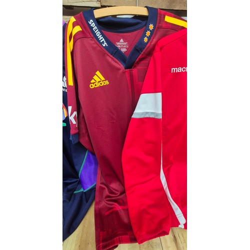 455 - A Collection of Four various Rugby tops: XL Macron Scotland top, 2XL Adidas Highlanders top, XL Macr... 