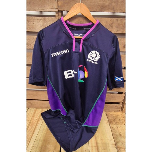 455 - A Collection of Four various Rugby tops: XL Macron Scotland top, 2XL Adidas Highlanders top, XL Macr... 