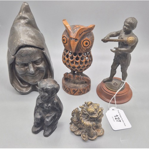 127 - A Selection of collectable's; Spelter Bronzed African warrior figure. Pewter monks head lidded prese... 