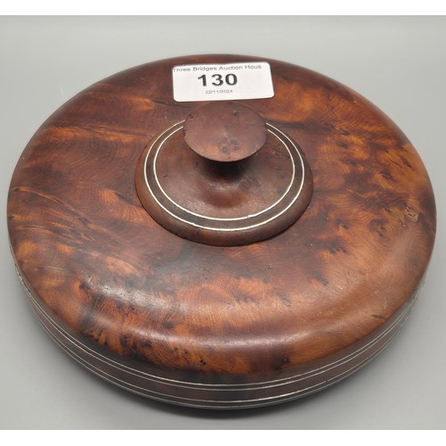 130 - Japanese parquetry puzzle box. African Rosewood lidded trinket box and Burr Walnut lidded preserve.