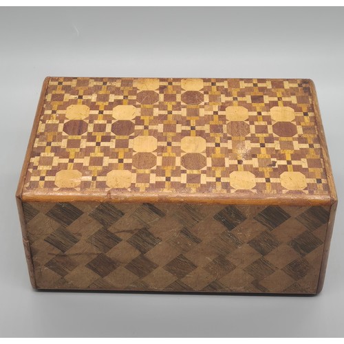 130 - Japanese parquetry puzzle box. African Rosewood lidded trinket box and Burr Walnut lidded preserve.