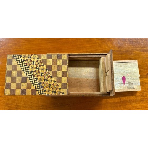 130 - Japanese parquetry puzzle box. African Rosewood lidded trinket box and Burr Walnut lidded preserve.