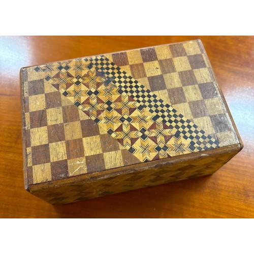 130 - Japanese parquetry puzzle box. African Rosewood lidded trinket box and Burr Walnut lidded preserve.