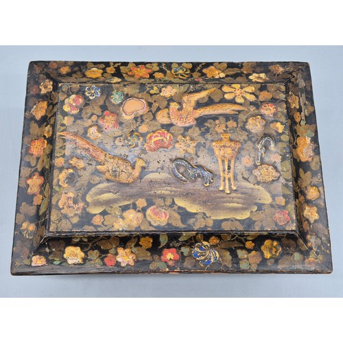 129 - Antique Japanese lacquered and hand painted jewel box. Together with A Chinese Chinoiserie mantle cl... 