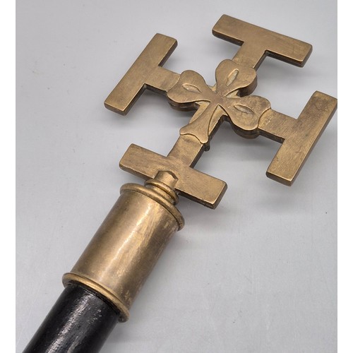 128 - Bronze/ Brass Cross Church sceptre. Bronze/ brass cross with shamrock design. Fitted within a wooden... 