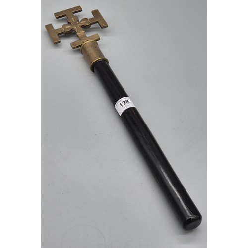 128 - Bronze/ Brass Cross Church sceptre. Bronze/ brass cross with shamrock design. Fitted within a wooden... 