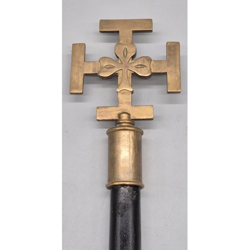 128 - Bronze/ Brass Cross Church sceptre. Bronze/ brass cross with shamrock design. Fitted within a wooden... 