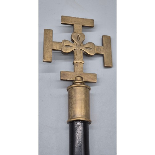 128 - Bronze/ Brass Cross Church sceptre. Bronze/ brass cross with shamrock design. Fitted within a wooden... 