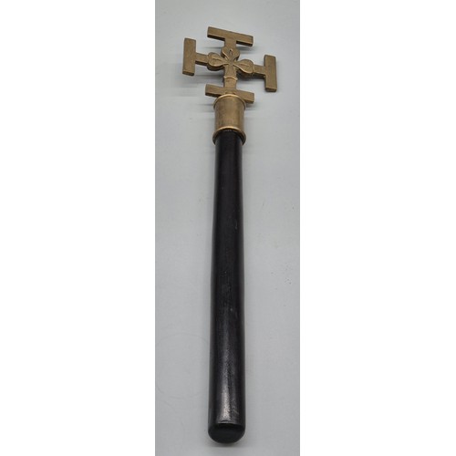 128 - Bronze/ Brass Cross Church sceptre. Bronze/ brass cross with shamrock design. Fitted within a wooden... 