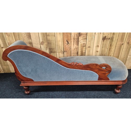 318 - Victorian Mahogany carved Chaise lounger with blue upholstery [95x193x64cm]