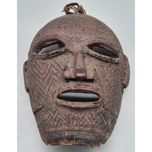 113 - Antique Tribal Woven, Wooden carved, hair and mud design face mask. Possibly Papua New Guinea or Afr... 