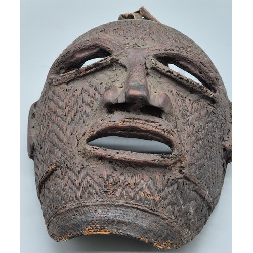 113 - Antique Tribal Woven, Wooden carved, hair and mud design face mask. Possibly Papua New Guinea or Afr... 